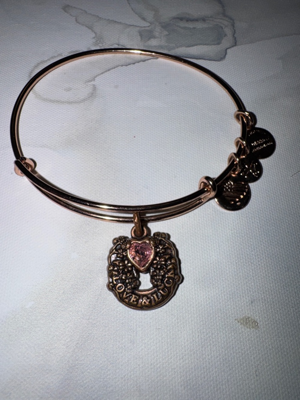 Alex and Ani Rose Gold Tone 'Love & Luck' Heart Charm Bangle with Pink Crystal